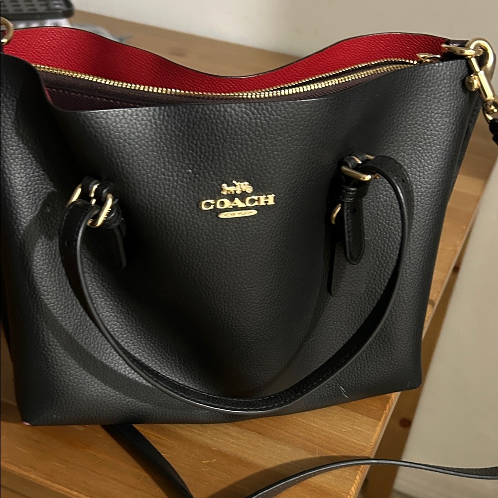 Coach Black Leather Tote with Red Interior and Gold Hardware